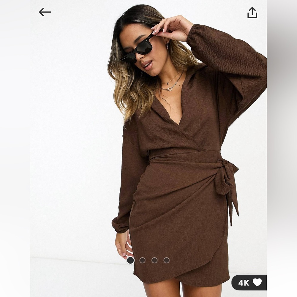 ASOS DESIGN textured long sleeve v neck wrap mini dress in chocolate; Size: 8